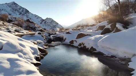 Premium AI Image | A snowy mountain landscape with a pool of water and ...