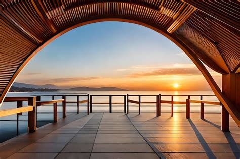 Premium Photo | A wooden pier with a sunset in the background