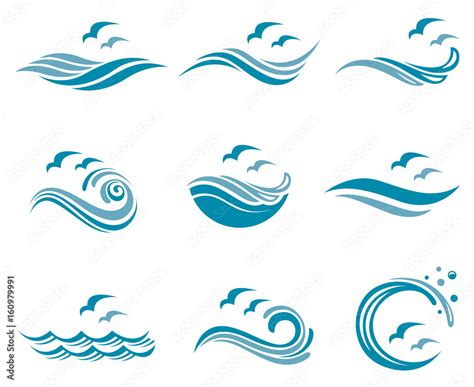 collection of ocean logo with waves and seagulls Stock Vector | Adobe Stock