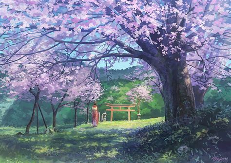 Spring, tree, girl, anime, manga, somei yoshinori, pink, HD wallpaper | Peakpx