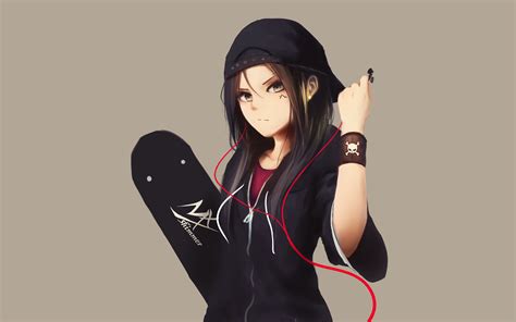 Skateboard Chic: Anime Girl with Earbuds HD Wallpaper by 梦夏shimmer