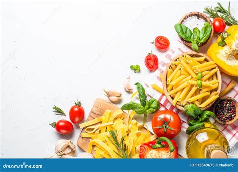 Italian Food Background on White Top View. Stock Image - Image of cooking, isolated: 113649675