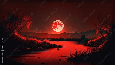 Lake landscape with a red moon, 4k wallpaper Stock Illustration | Adobe Stock