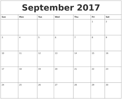 September 2017 Calendar Month