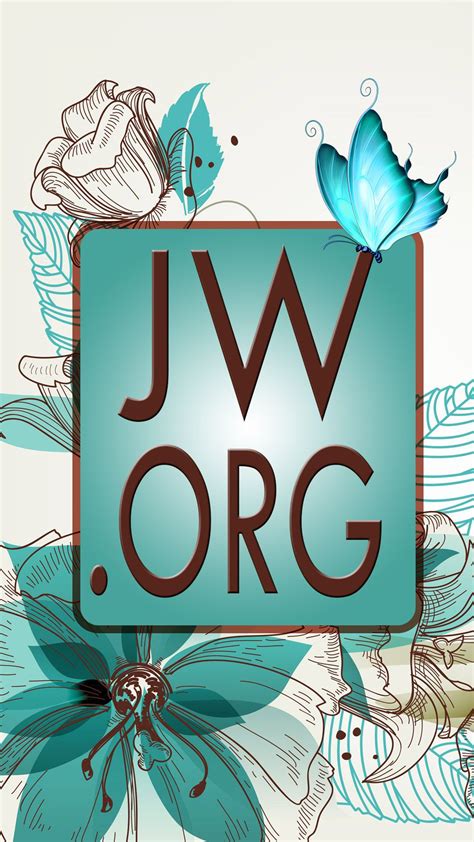 a blue butterfly sitting on top of a sign that says jw org with flowers and leaves around it