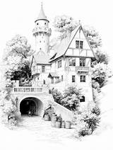 A Black And White coloring Book Page Depicting medieval Village With  sketch template
