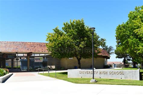 IRVINE, CALIFORNIA - 16 APRIL 2020: Entrance at University High School ...