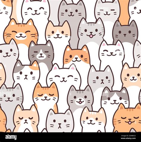 Cute cartoon doodle cats pattern. Kawaii crowd of cat faces. Seamless background, vector ...