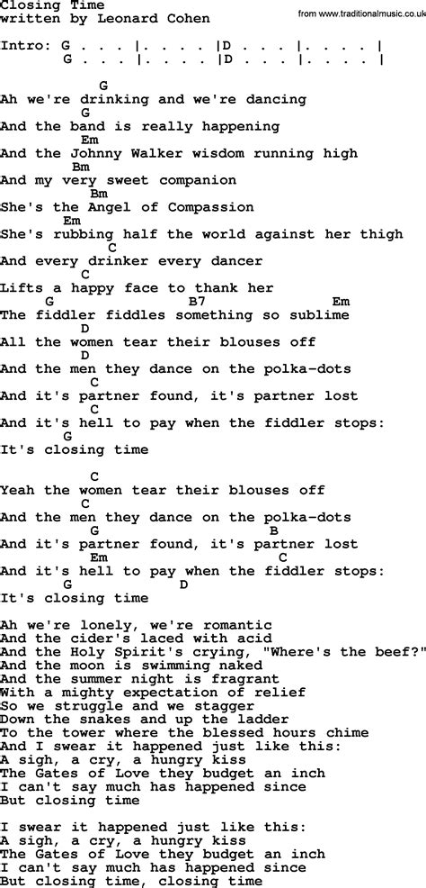 Leonard Cohen song: Closing Time, lyrics and chords