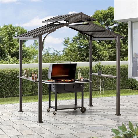 Sunjoy Grill Gazebo 5 ft. x 8 ft. Brown Steel Frame Double Tiered Hardtop Gazebo with Ceiling ...