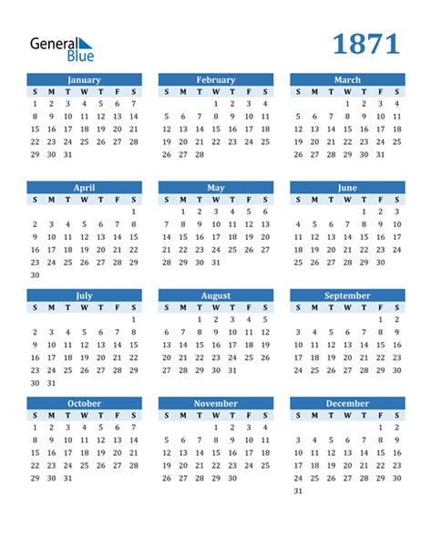 1871 Calendar (PDF, Word, Excel)