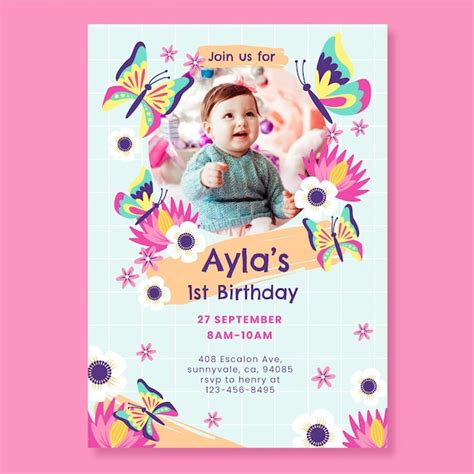 Free Vector | Flat butterfly birthday invitation template with photo