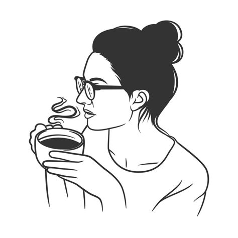 Line art drawing of women drinking coffee or tea 6051137 Vector Art at ...