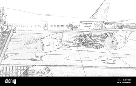 Atlanta, Georgia, USA. - May 1, 2015: Pencil drawing of an aircraft at and Airport Terminal ...