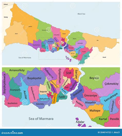 Districts of Istanbul Province Vector Close Up Detailed Map Stock ...