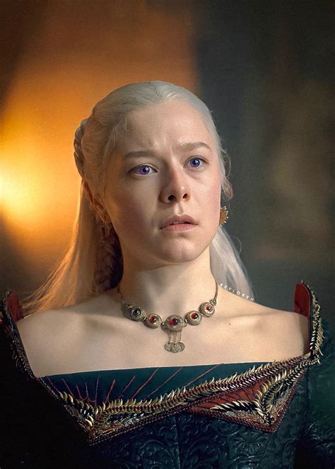 Emma D’arcy as Princess Rhaenyra Targaryen looking suspiciously towards Queen Alicent in episode ...