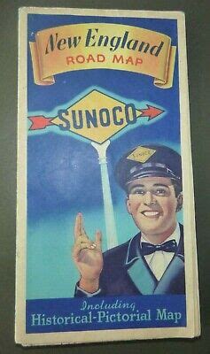 1942 NEW ENGLAND road map Sunoco oil gas pictorial Maine NH Vermont Mass Conn RI $13.99 - PicClick