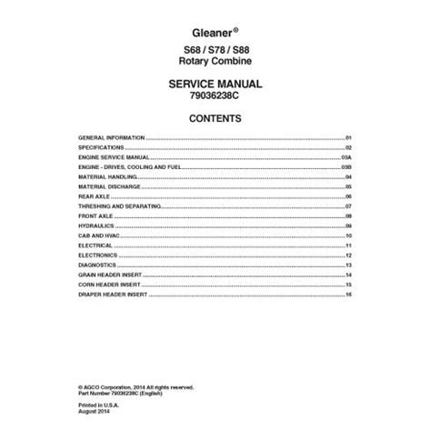 Gleaner S68 / S78 / S88 combine service manual