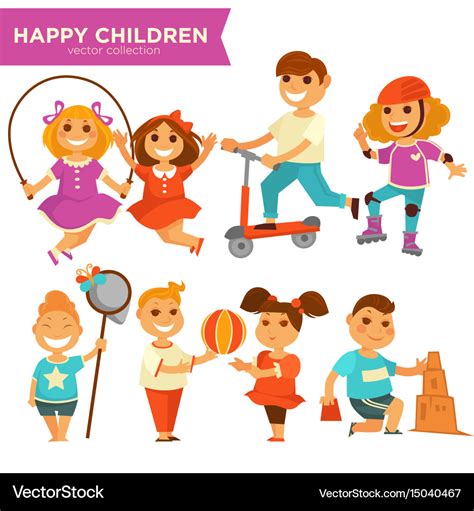 Happy children playing outdoor games icons Vector Image