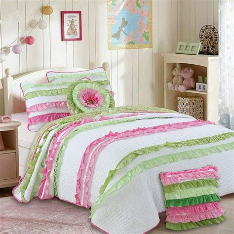 Cozy Line Pink Green Chic Ruffles Girl 100% Cotton Reversible Quilt Bedding Set (Twin - 2 Piece ...