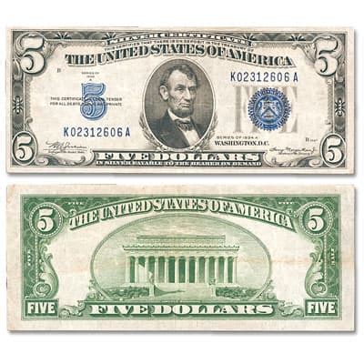 1934 $5 Dollar Bill Value: are "Green", "Yellow", "Blue" seal worth money?