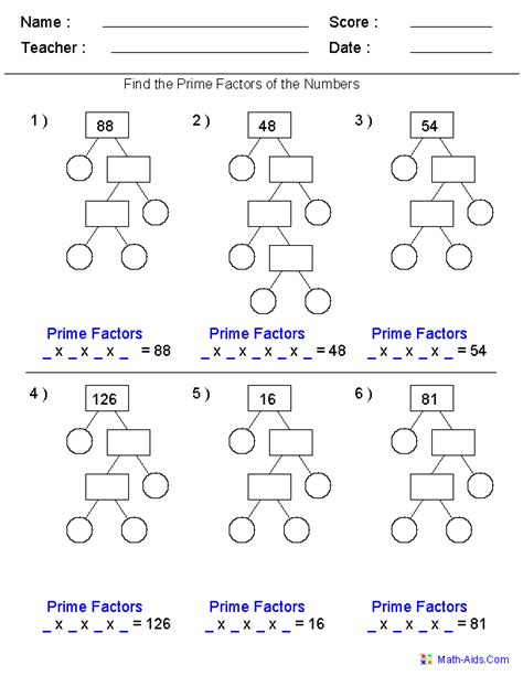 Prime Factorization Trees Factors Worksheets- Use for homework or in class assignment | Factors ...