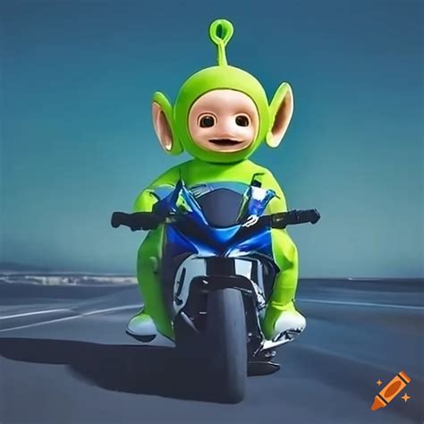 Green teletubbies riding a blue yamaha motorcycle on Craiyon