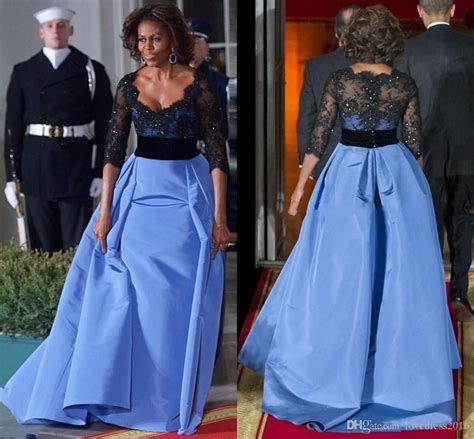 Celebrity Michelle Obama Beaded Black Lace Half Sleeves Prom Gowns ...