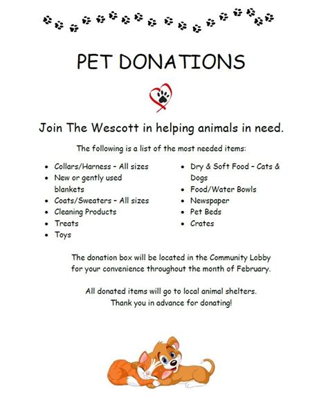 The Wescott will be accepting donations for local pet shelters until the end of February. See ...