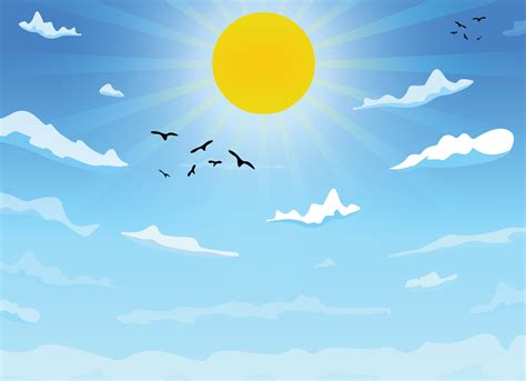 Vector day landscape cartoon sky clouds, crow, sun and sun rays ...