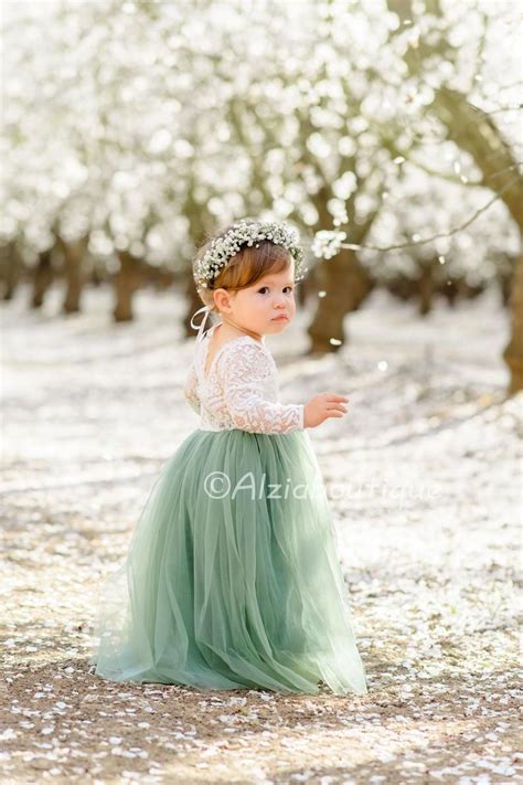 Full Length Sage Green Tulle Lace Top Scalloped Edges Back Party Flower Girl Dress in 2021 ...