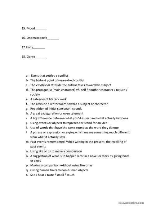 Literary Elements Quiz: English ESL worksheets pdf & doc