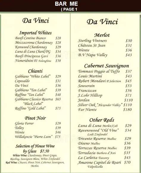 Menu at Da Vinci Ristorante Italiano pub & bar, Katy