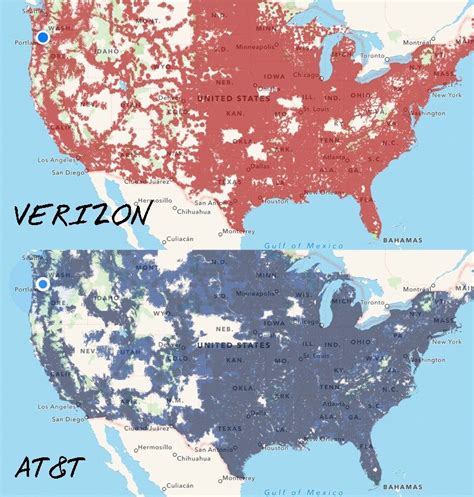 Verizon versus AT&T coverage across the US (from Coverage? App). The maps are getting mighty ...