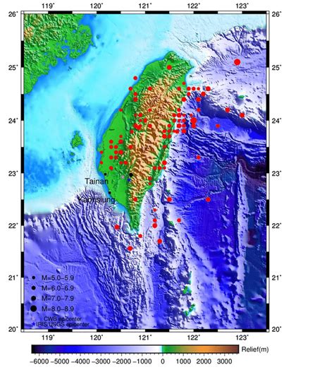 Map of epicenters of destructive earthquakes, ML>=5, in Taiwan from... | Download Scientific Diagram