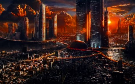 Apocalyptic Sci-Fi City: HD Wallpaper of Fire and Clouds