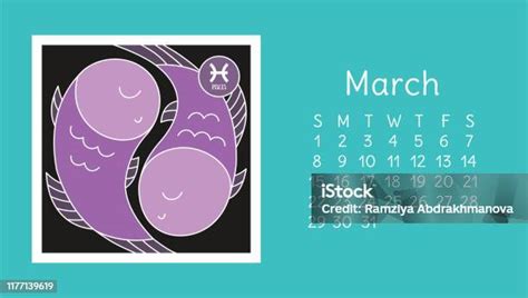 March 2020 Calendar Zodiac Sign Pisces Vector Horoscope Astrological ...