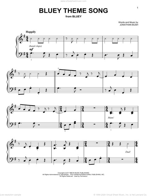 Bluey Theme Song sheet music for piano solo (PDF-interactive)