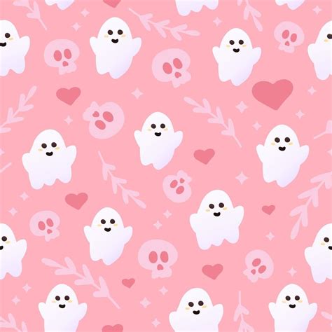 Ghost cute seamless pattern in pink colours with skulls, hearts and ...