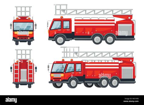 Cartoon design fire truck cars set flat vector illustration isolated on ...