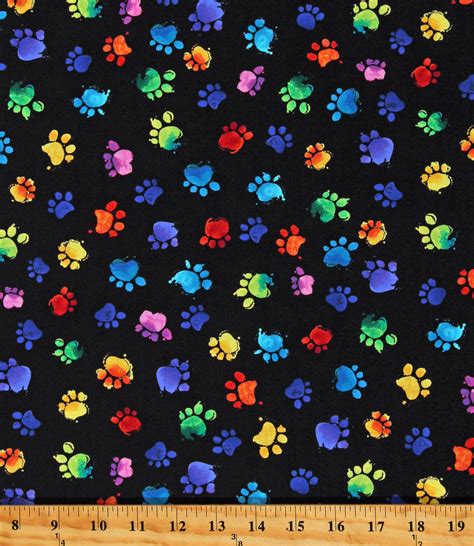 Cotton Paw Prints Cat Kittens Kitty Pets Rainbow Prints on Black Cotton ...