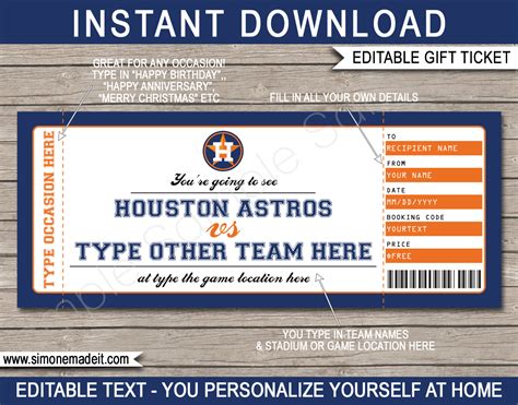 Houston Astros Game Ticket Gift Voucher | Printable Surprise Baseball Tickets