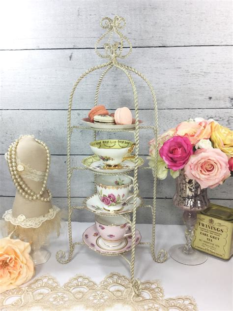 4 Tier Twisted Metal Shabby Chic Tea Cup and Saucer Display Stand Holder Rack For Tea Parties ...