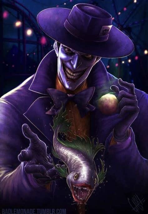 the joker is holding an apple in his right hand and wearing a purple suit with a hat