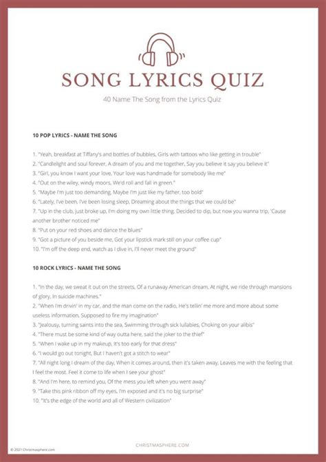 Music Lyrics Quiz - Name that song and finish the lyrics questions and ...