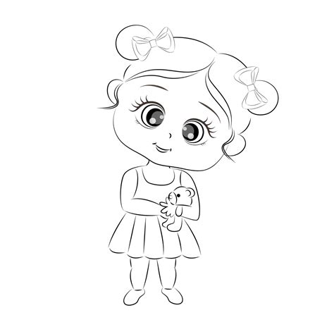 Coloring book little girl with a teddy bear, vector illustration ...