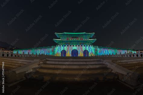 Seoul Light Gwanghwamun, Night view of Gwanghwamun Gate of Gyeongbokgung Palace with colorful ...