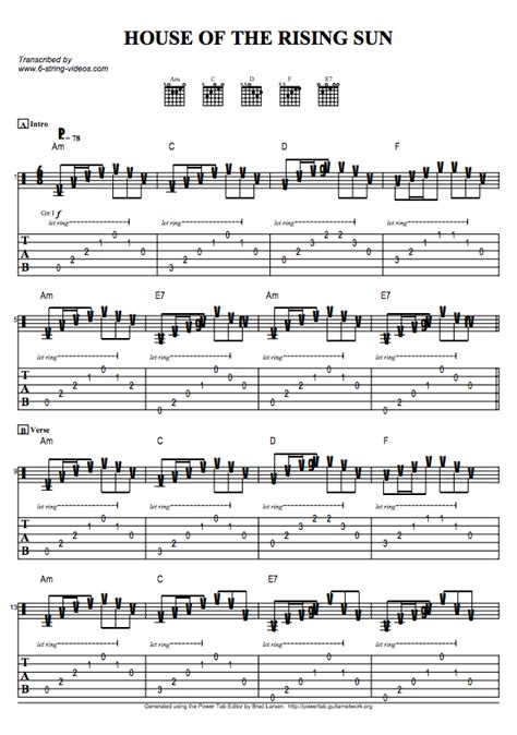 Tab Sheets For: House Of The Rising Sun | Guitar tabs songs, Guitar ...