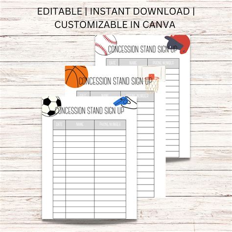 EDITABLE Concession Stand Sign up Sheet Digital Download Sports Concession Volunteer Form Snack ...