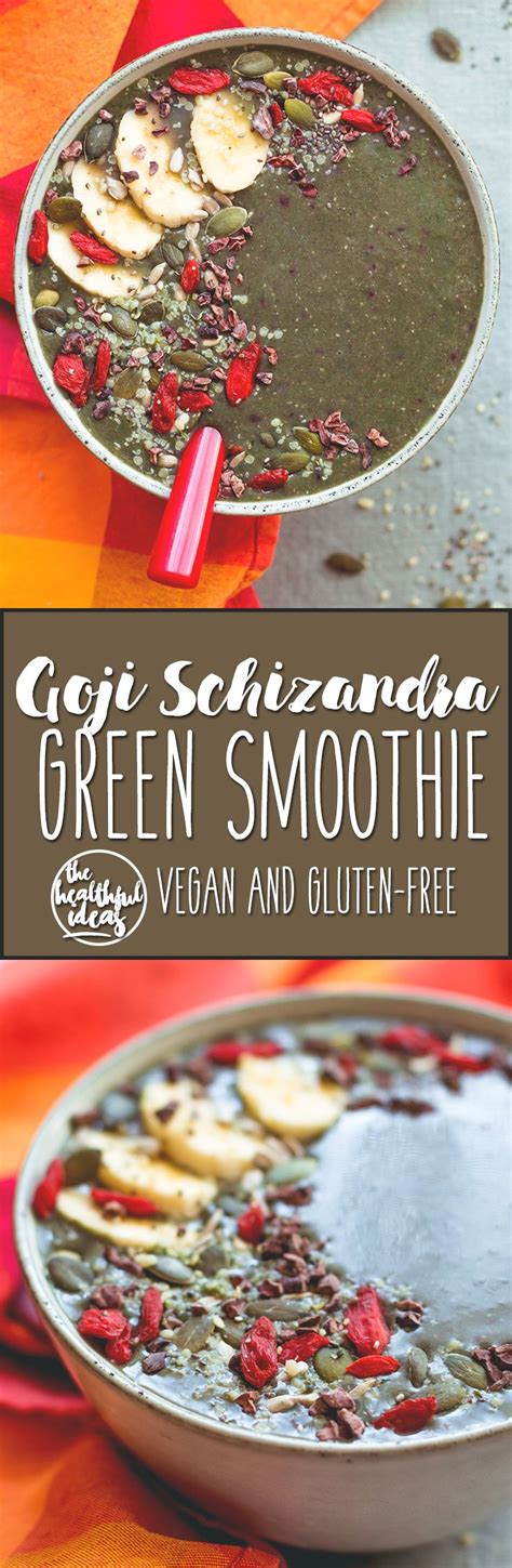 green smoothie in a bowl with bananas and other ingredients on the side, along with text overlay